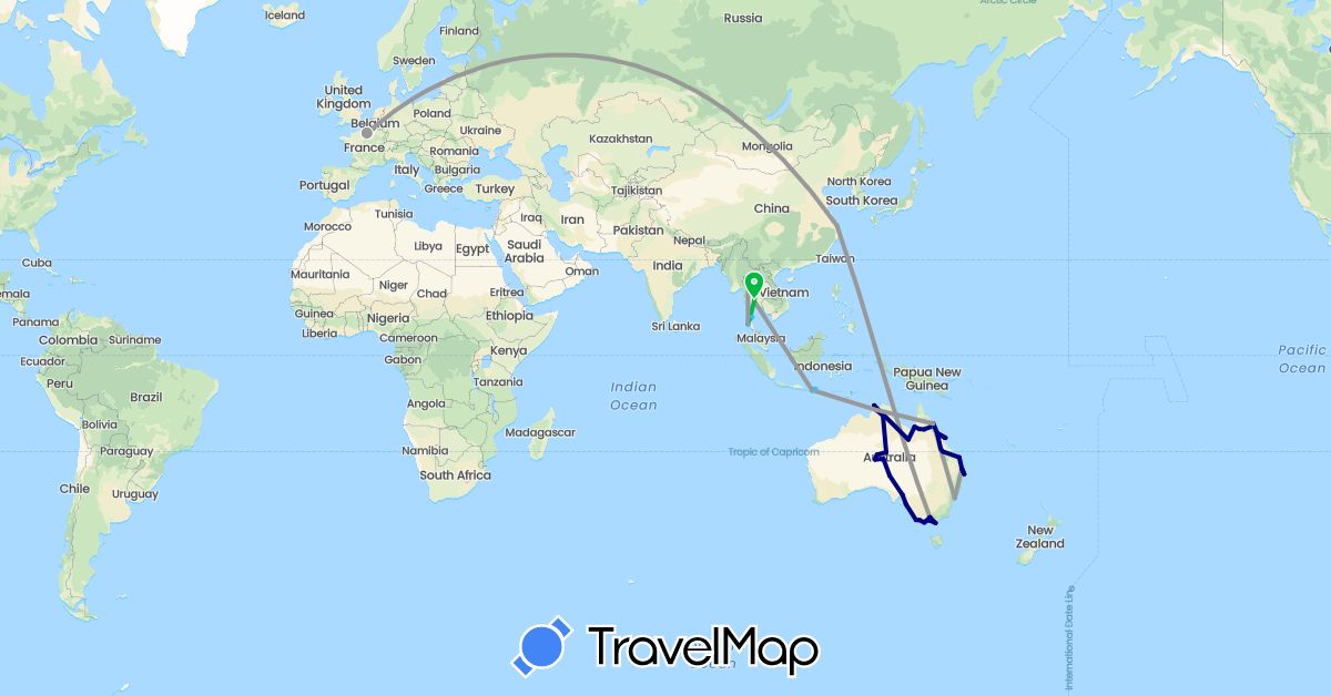 TravelMap itinerary: driving, bus, plane, boat in Australia, China, France, Indonesia, Thailand (Asia, Europe, Oceania)